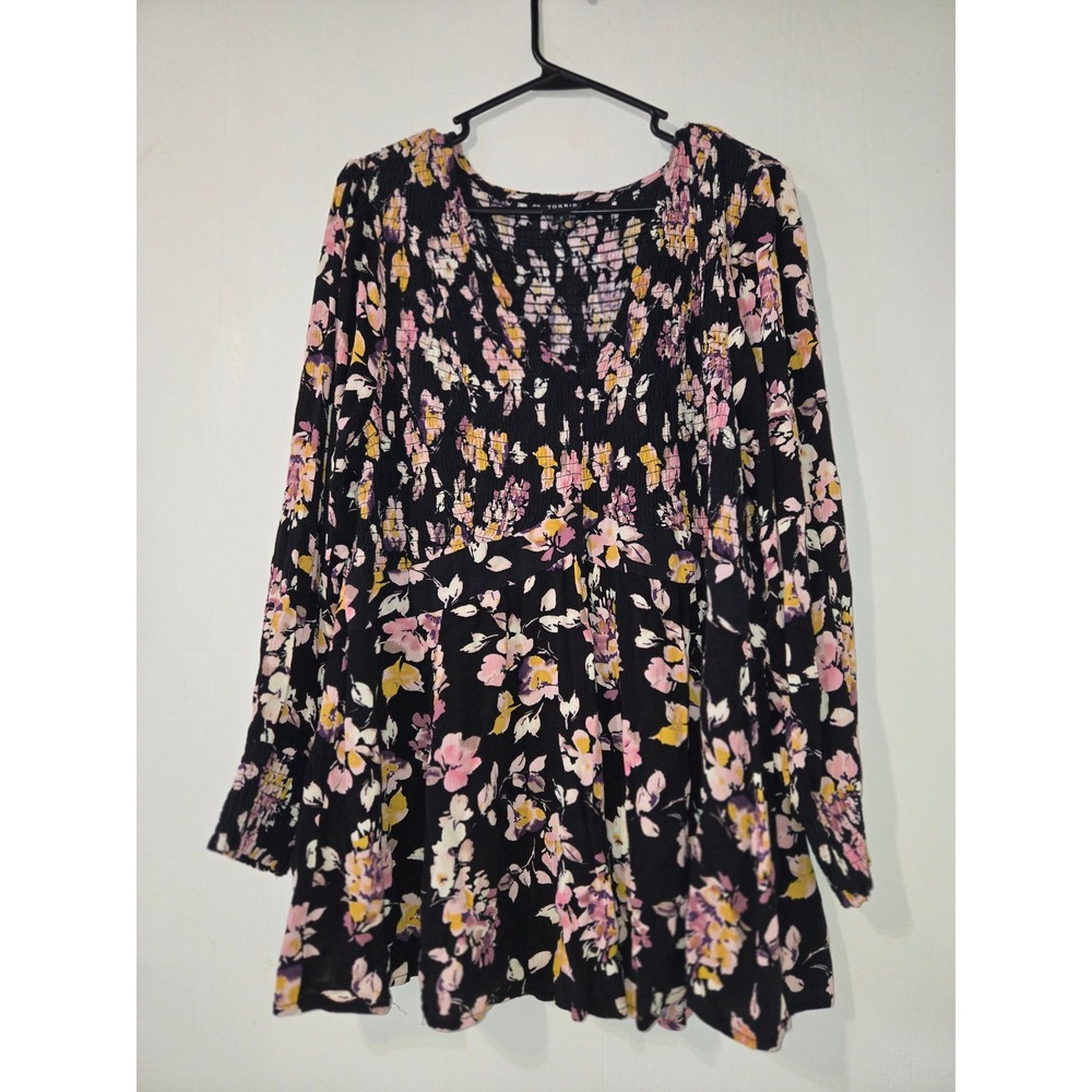 Torrid Womens Plus Size 3 Black Floral Smocked Babydoll Long Sleeve Blouse Top